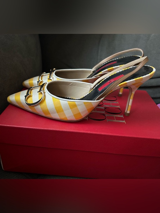 Carolina Herrera Shoes - CH Carolina Herrera yellow striped satin slingback insignia logo heels 39 NIB